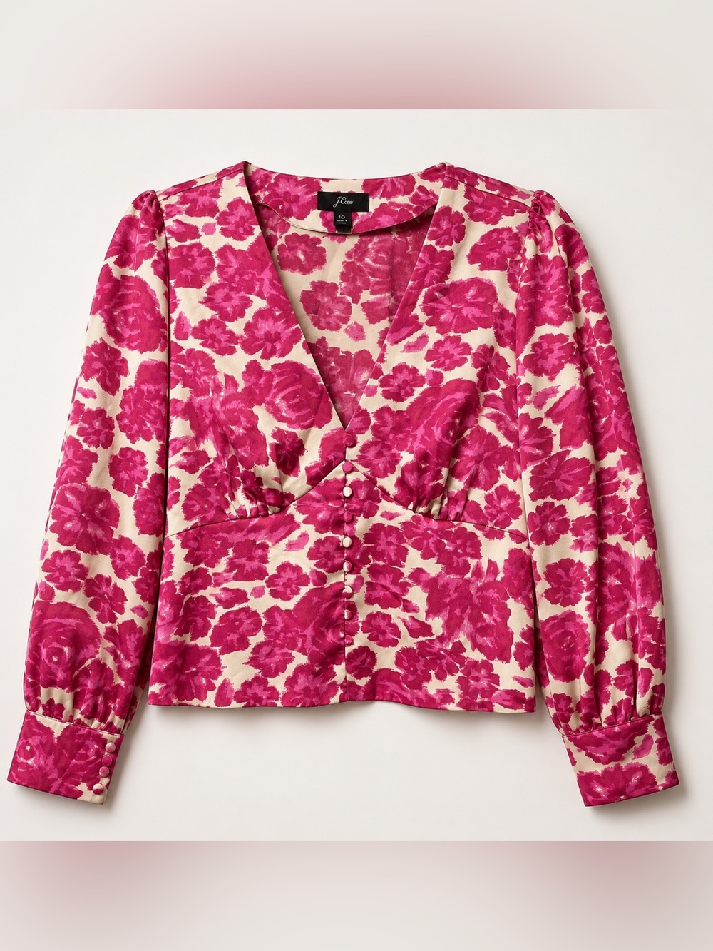 J.Crew Pink Floral Satin Blouse V Neck Button Detail Longโ Sleeve Top Size 10